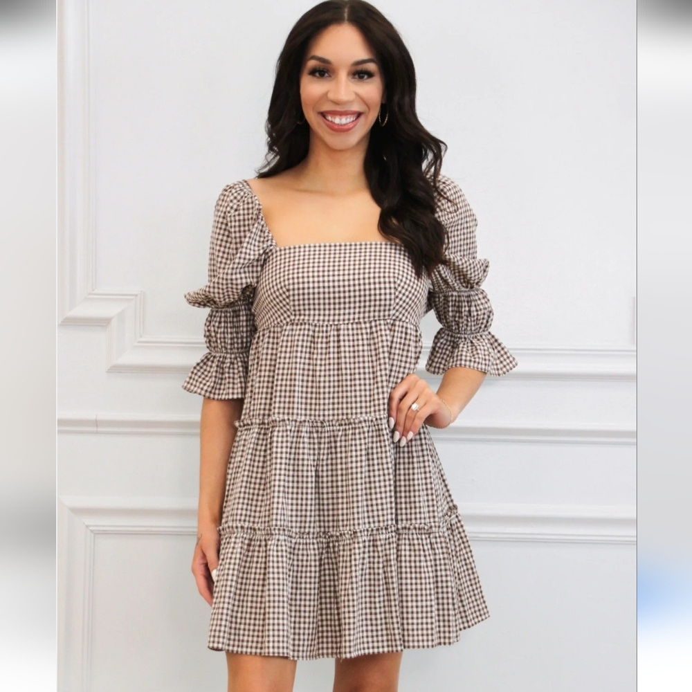 Storia Baby Doll Mini Gingham Puff Sleeve Dress Small